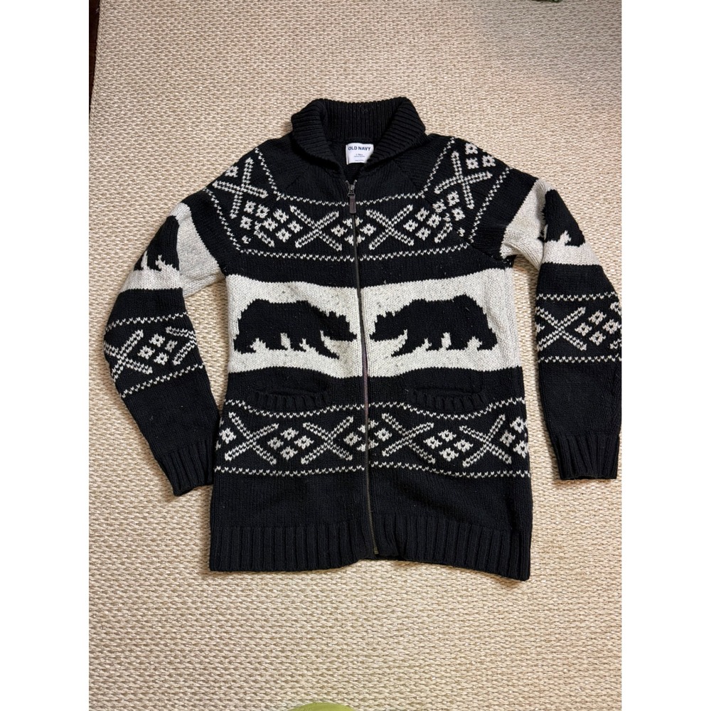 Bear Fair Isle Full Zip Cardigan Sweater coastal rustic cabin Fisherman LG tall